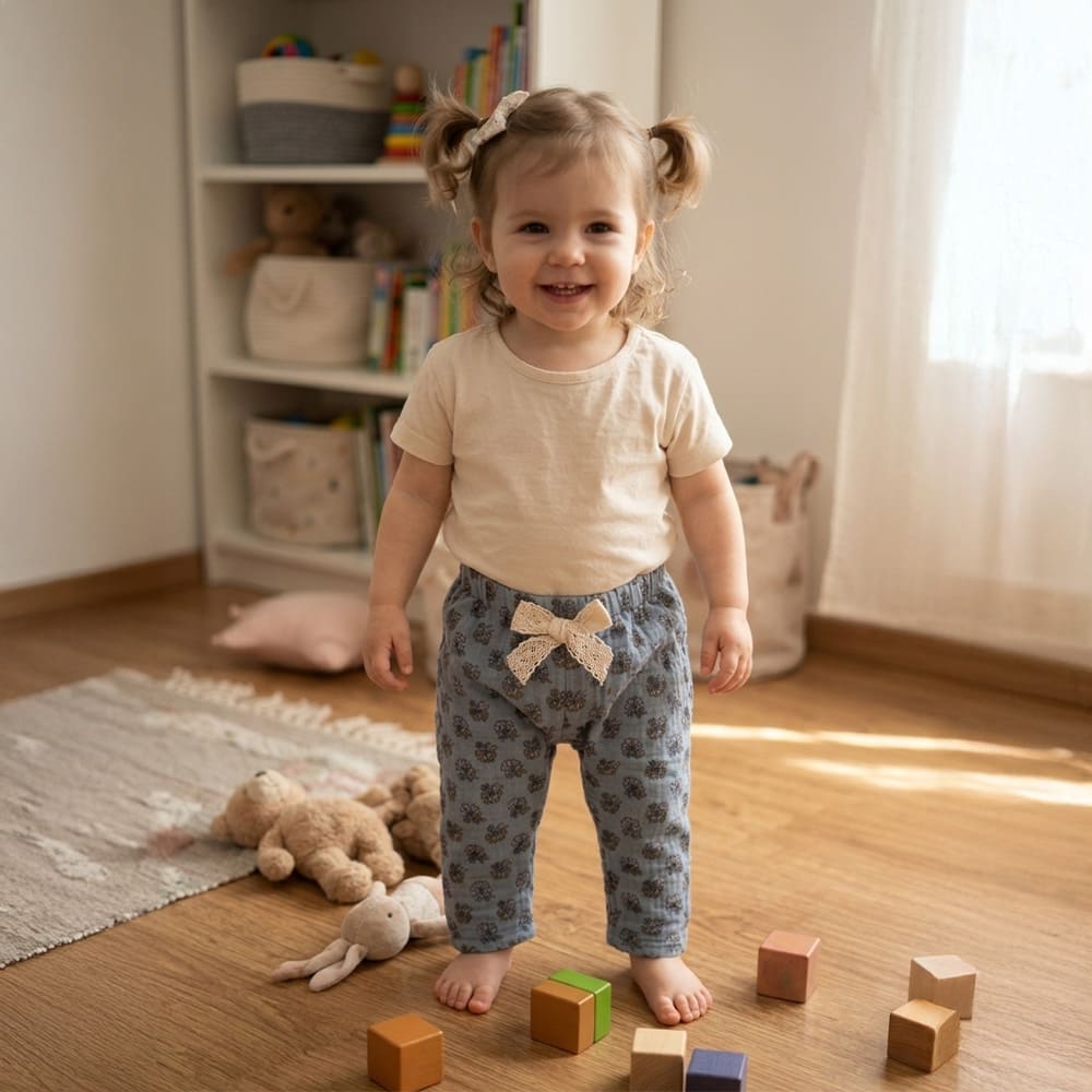 Petite fille qui porte un pantalon bleu foncé à motif noir et un noeuf rose