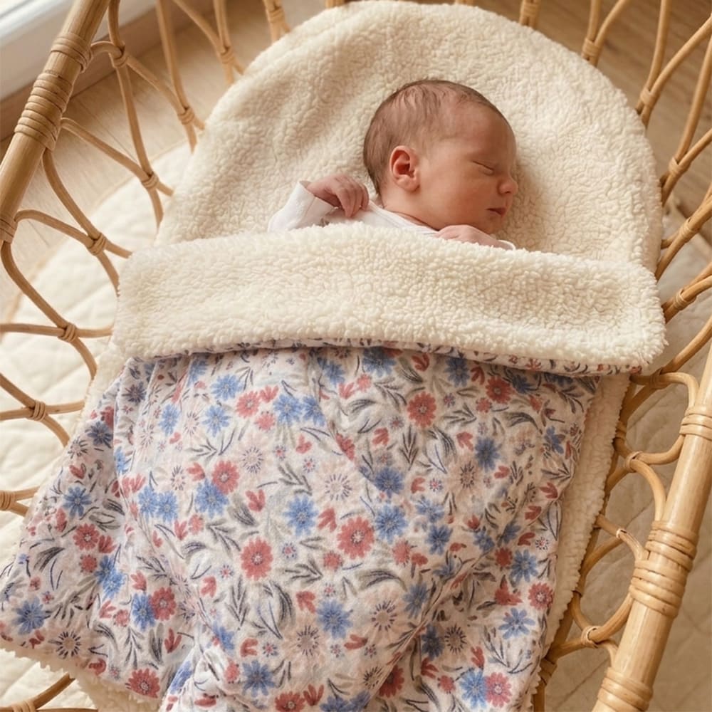 bébé recouvert de la couverture Emma, fleurs bleues et roses