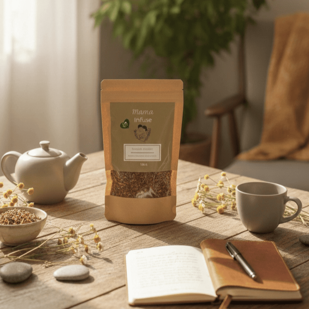 Sachet d'infusion bio pour femme enceinte Mama Infuse sur une table en bois avec une théière et des fleurs séchées.