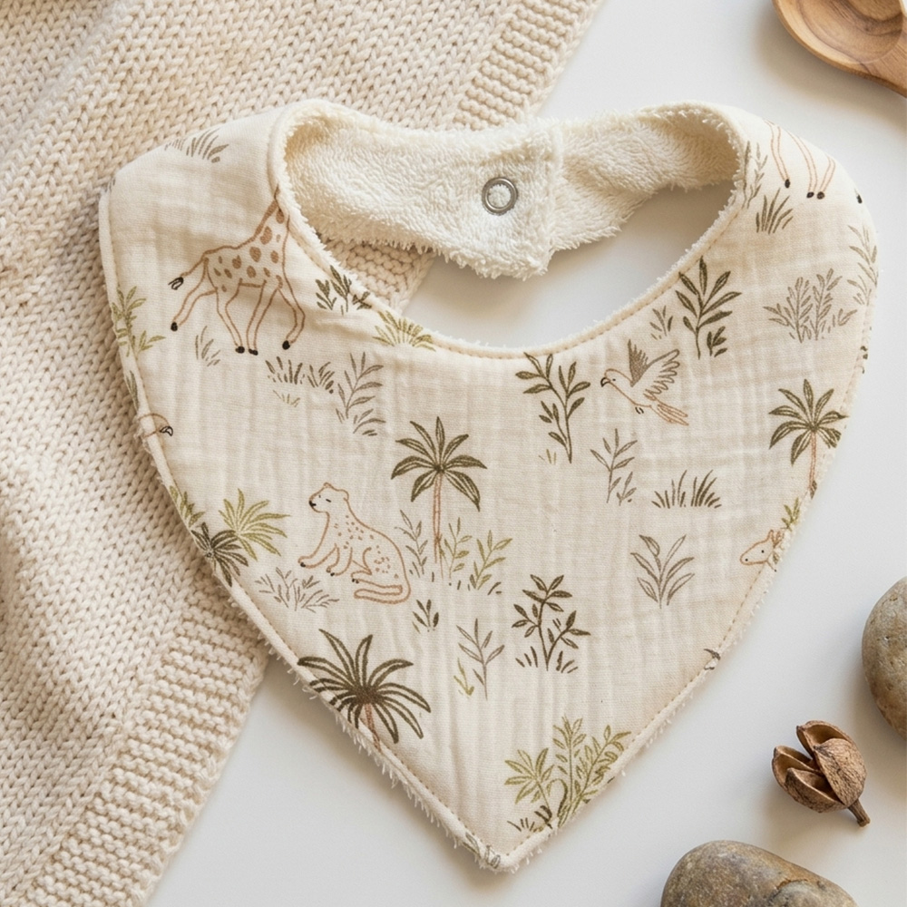 Bavoir beige avec motif de jungle