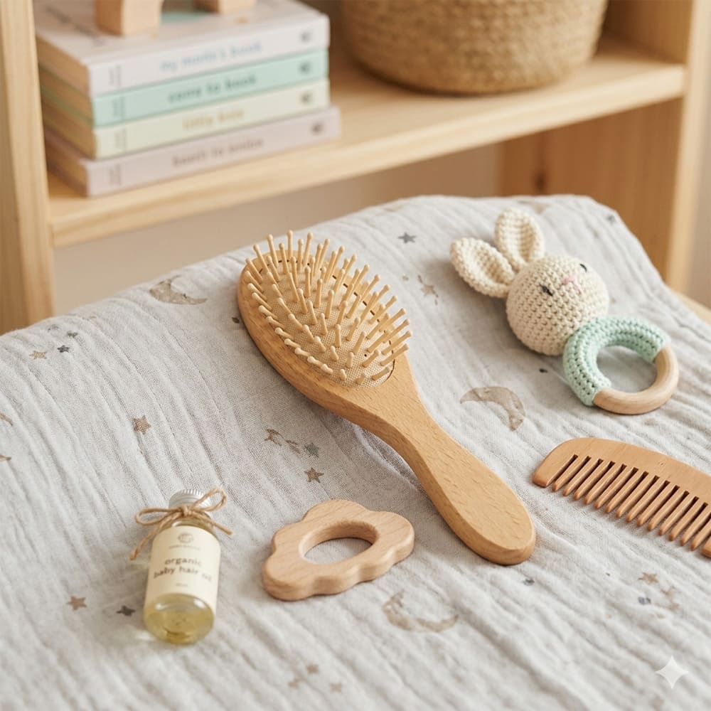 brosse à piquot entouré d'objets de puériculture sur une table à langer