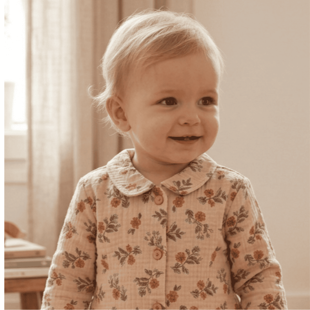 chemise rose pâle avec des motifs de fleurs portée par un bébé