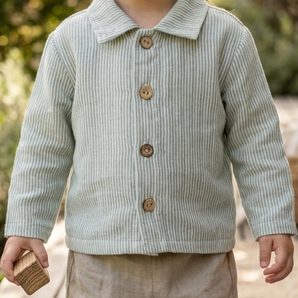 chemise à grosse rayure couleur vert/gris porté