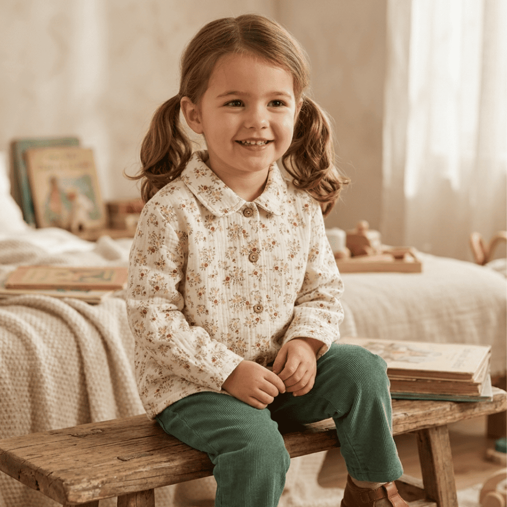 Une petite fille qui porte une blouse beige à motifs de fleurs rouges
