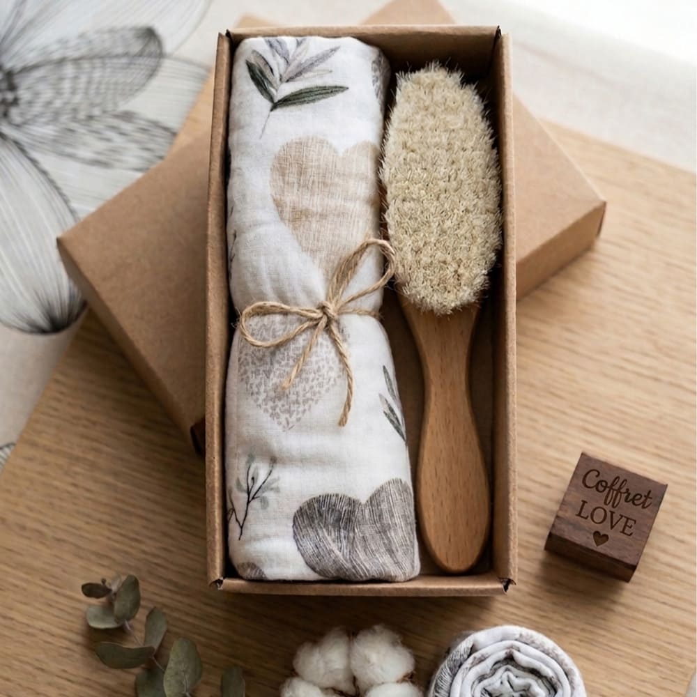 Coffret Love brosse + lange posé sur une table