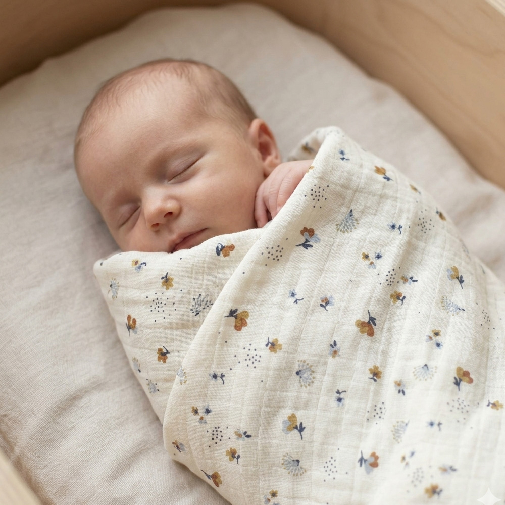 Bébé emmailloté dans un lange aux motifs de jardins
