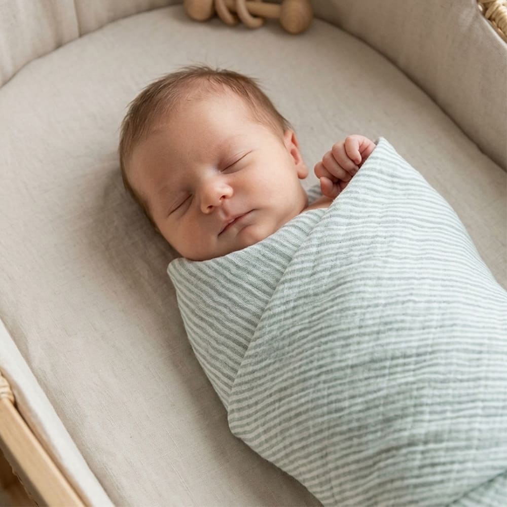 Bébé emmailloté dans le lange Antoine, couleur bleu/vert