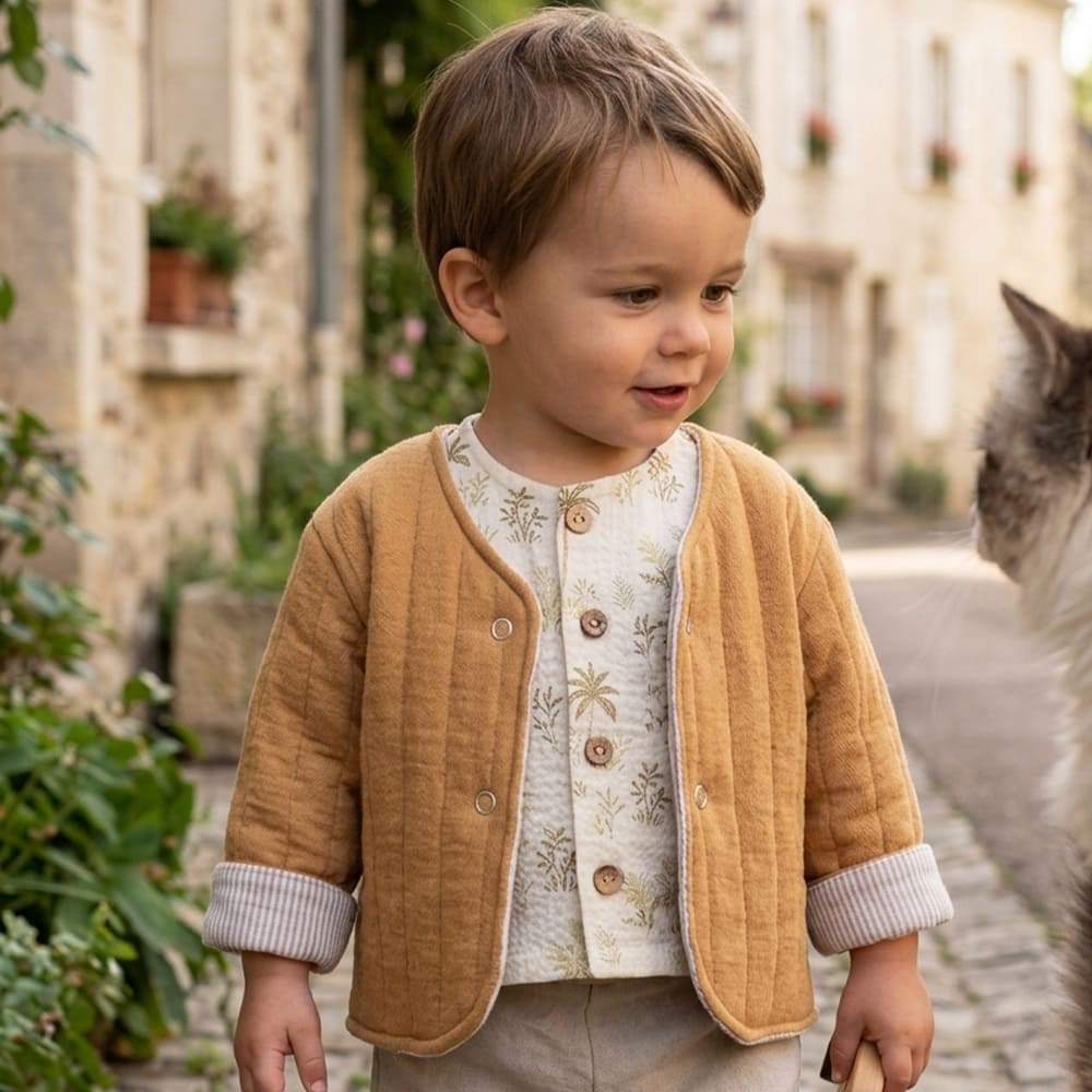 Petit garçon portant une veste réversible camel