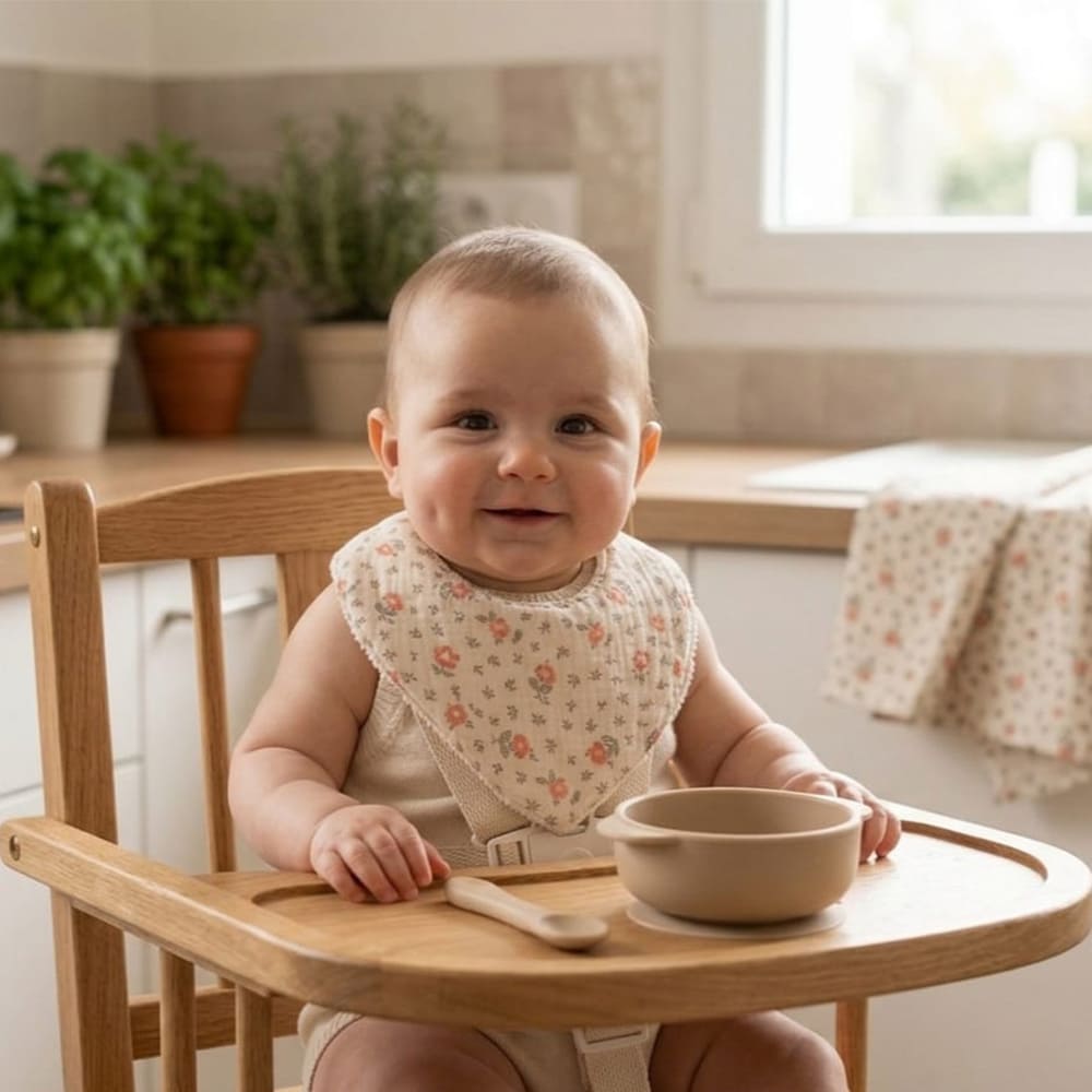 Bébé portant le bavoir anna, à motifs fleuris roses et verts