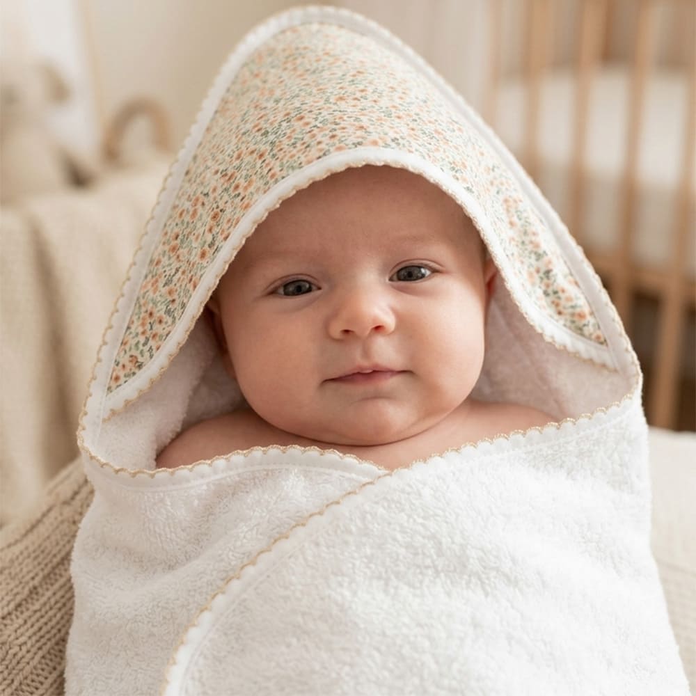 Bébé emmitouflé dans la cape de bain Tendresse de printemps, à motifs marrons et verts