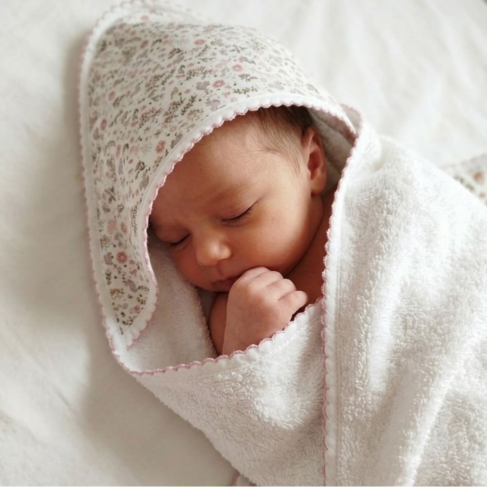 Bébé emmitouflé dans la cape de bain Elise, à fleurs roses pâles et feuilles vert nature