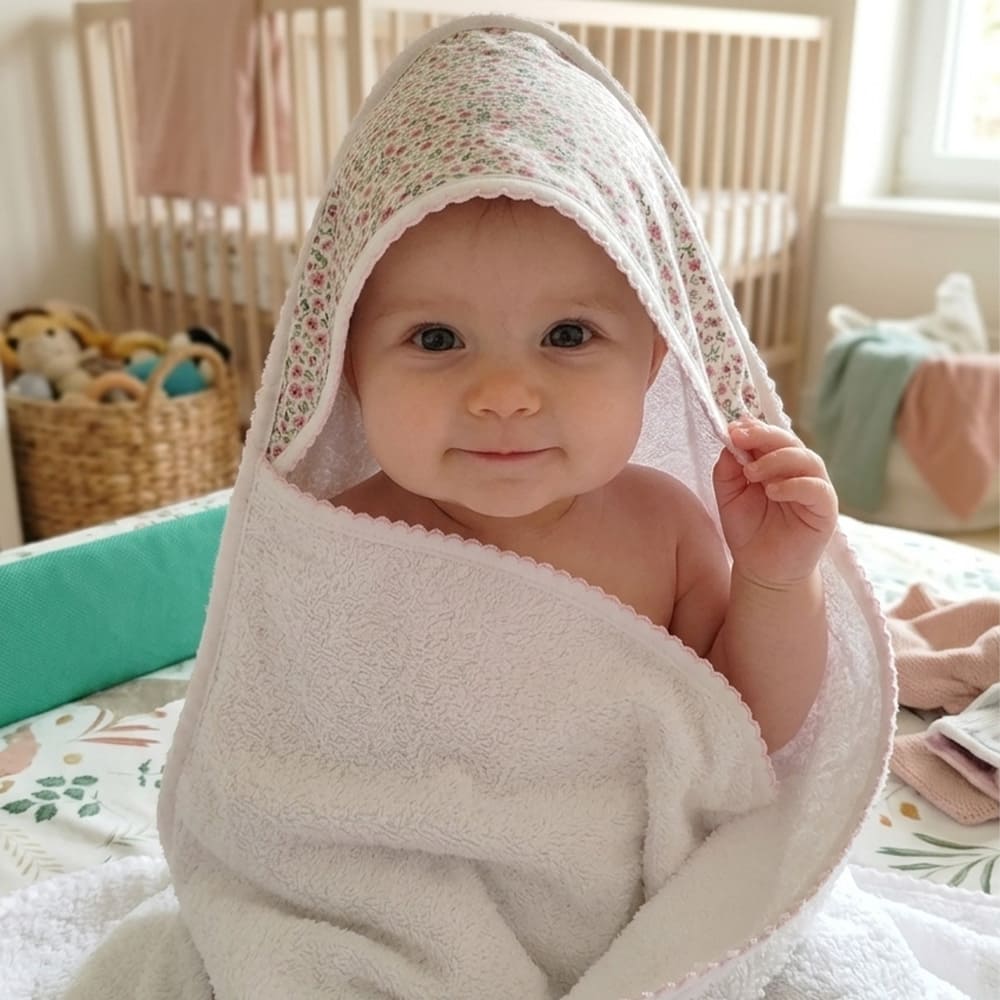 Bébé dans la cape de bain lise, viole et vert, à la sortie du bain