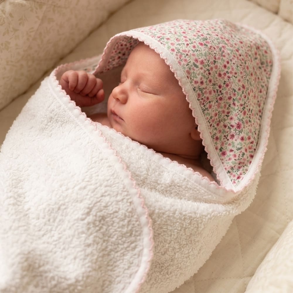 Bébé dans un cape de bain à motifs fleuris verts et roses