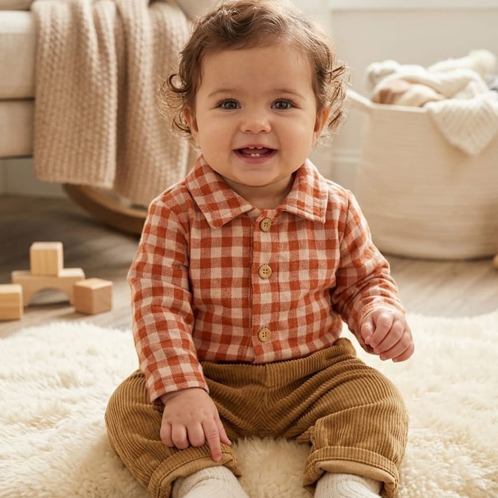 Bébé qui porte la chemise gaspard, carotté terracota