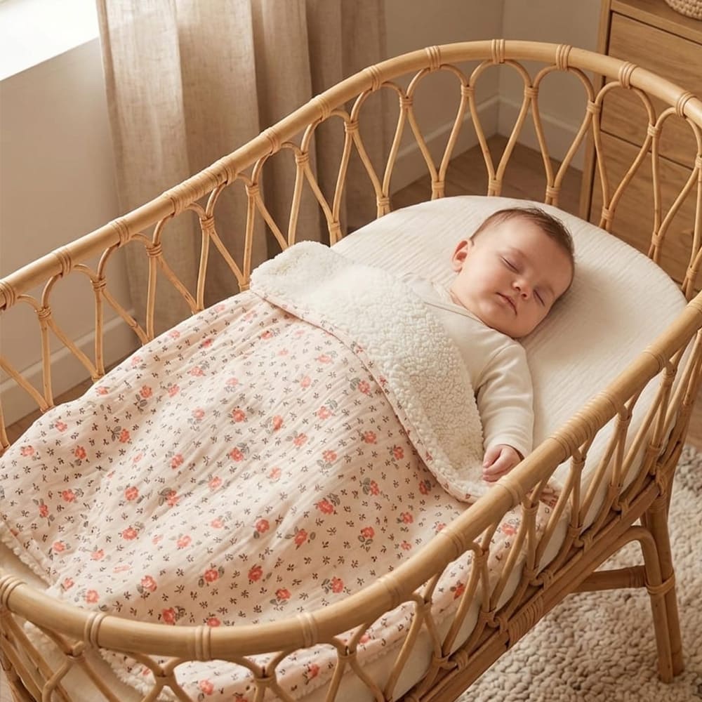 Un bébé recouvert de la couverture fleurie rose anna