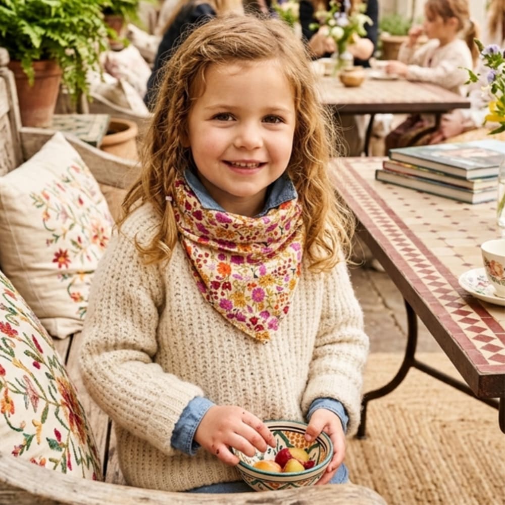 Petite fille qui porte le foulard fleurs d'été, à motifs de fleurs colorées