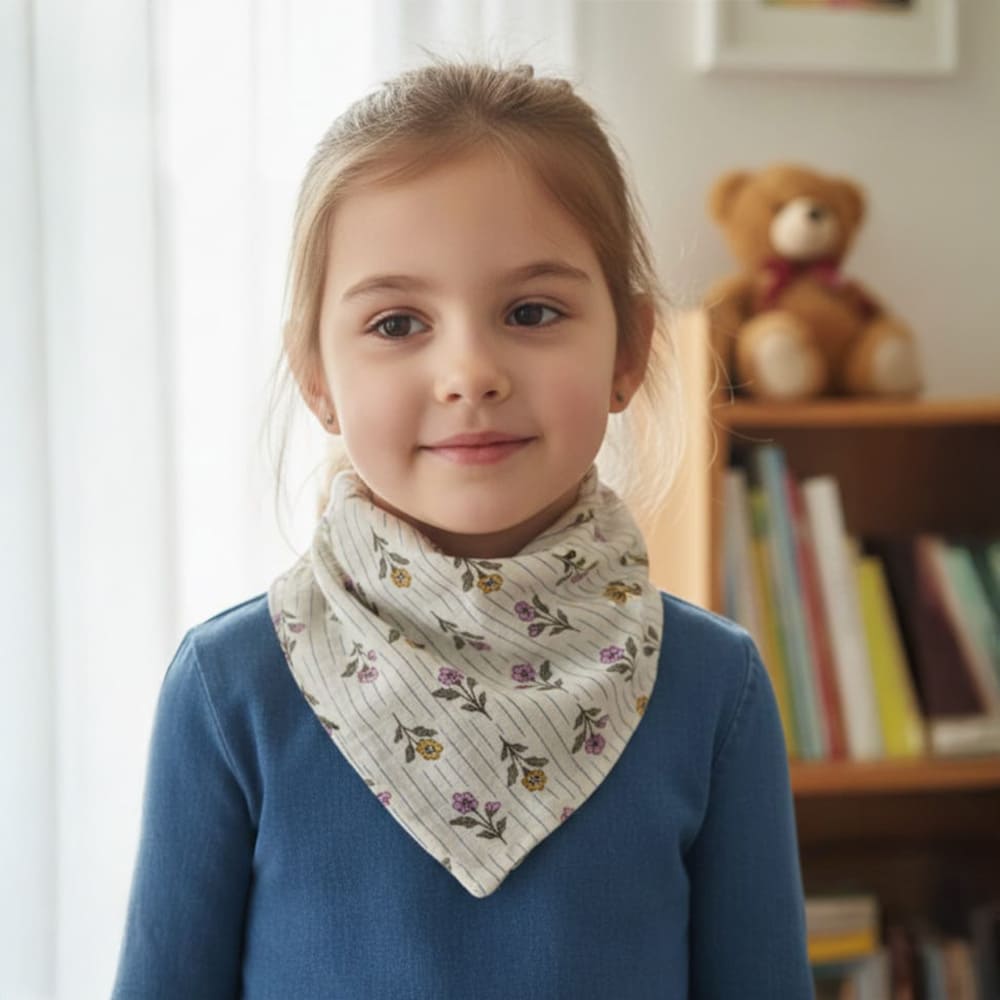 Petite fille portant le foulard hortense, aux motifs fleuris