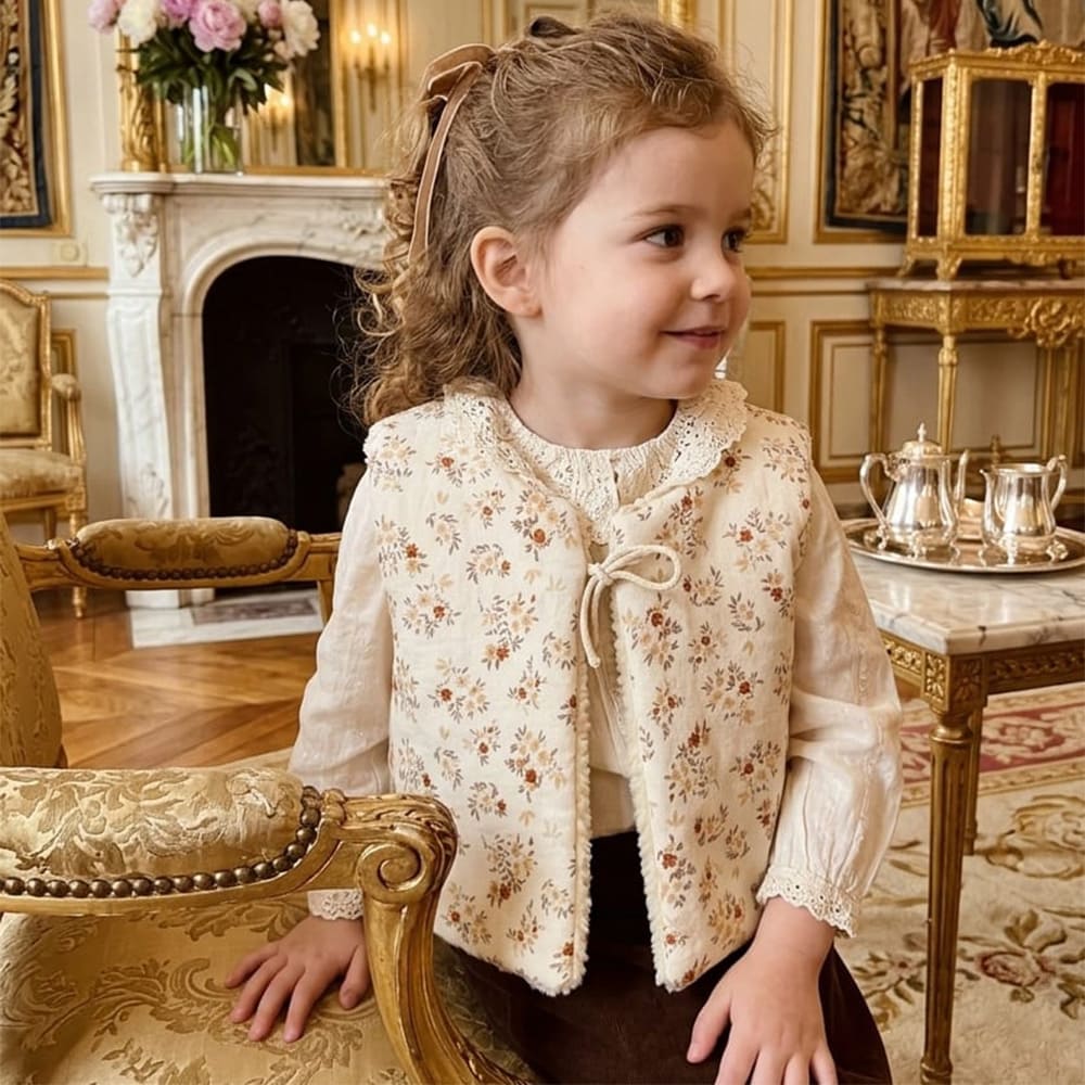 Petite fille portant le gilet berger réversible collection aby, beige à motifs de fleurs rouges
