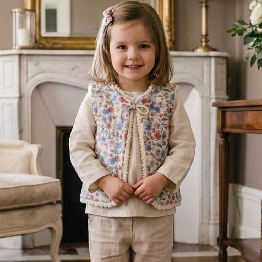 Petite fille portant le gilet berger Emma, à fleurs bleues et roses