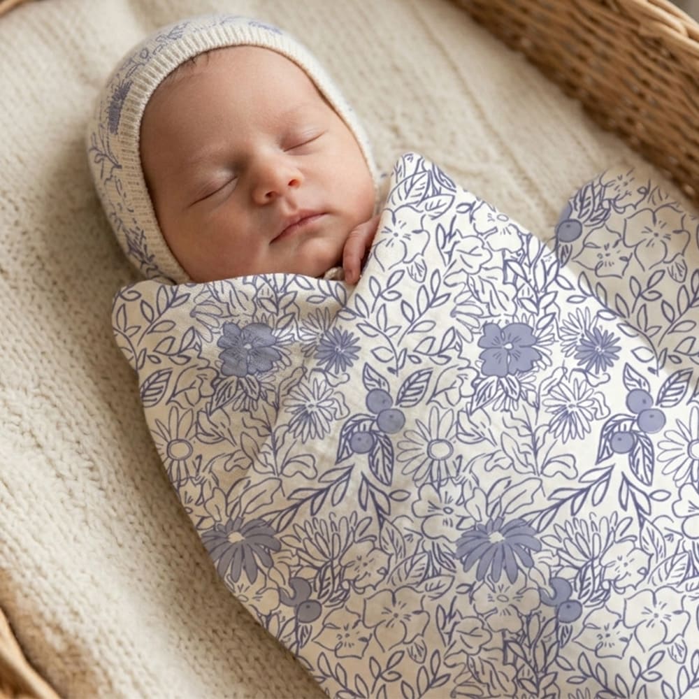 Bébé emmitouflé dans le lange bleu bohème, aux motifs bleus