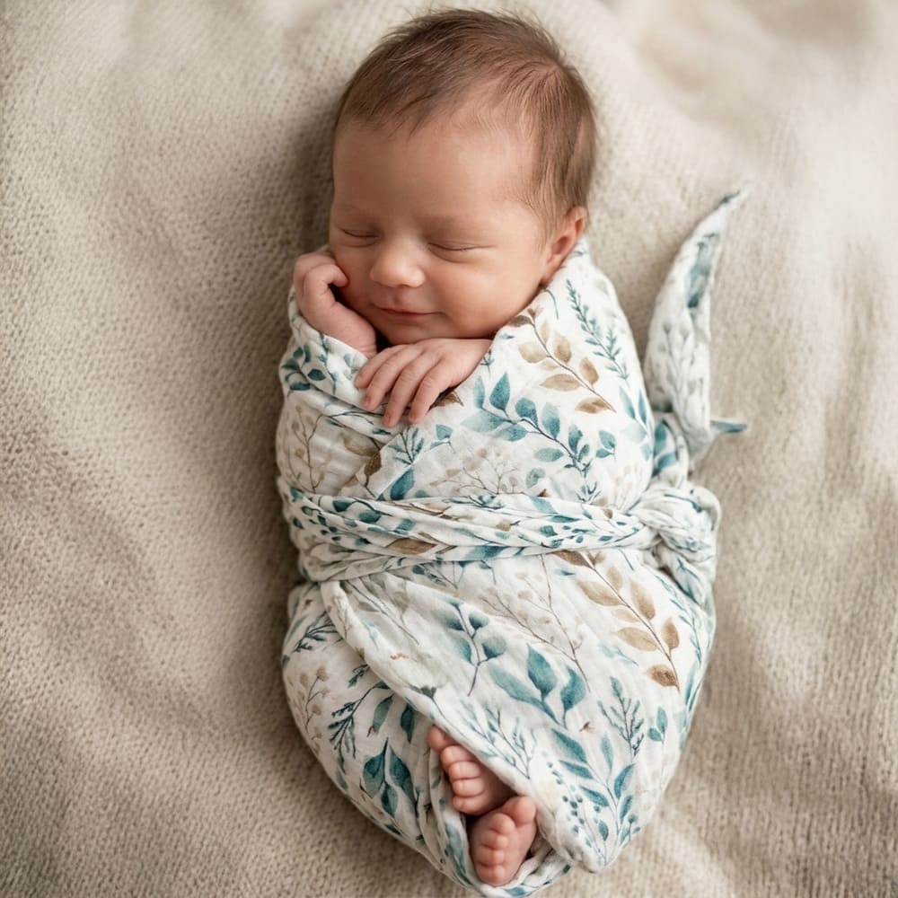Bébé emmailloté dans le lange Fleur de Coton, à motifs verts nature et marron