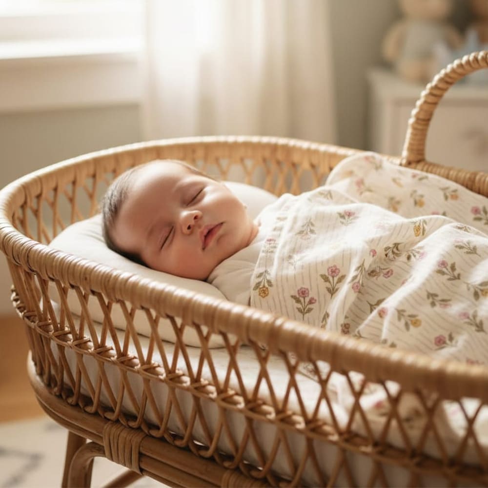 Bébé recouvert du lange Hortense, à motifs fleuris