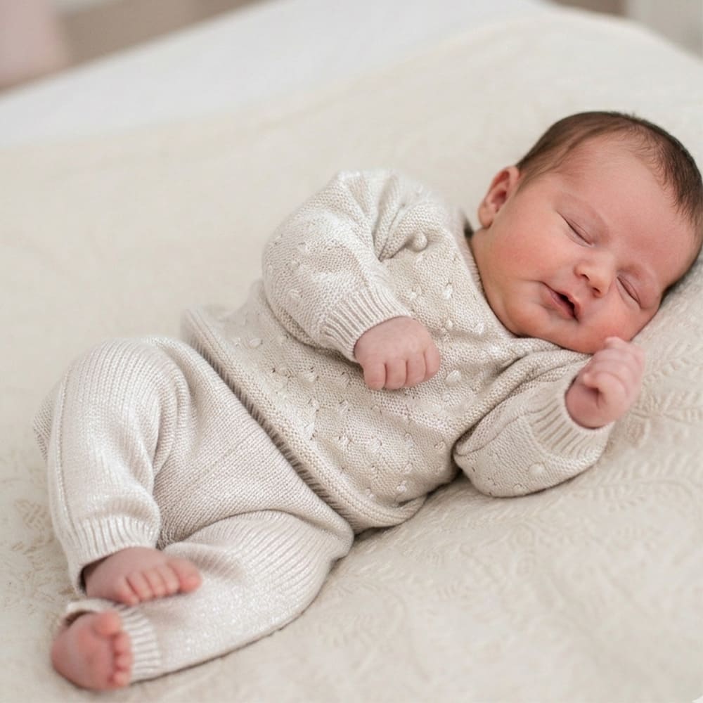 Bébé qui dort, habillé avec l'ensemble blanc les petits basiques