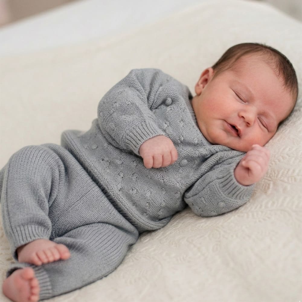 Bébé qui dort, habillé avec l'ensemble blanc les petits basiques