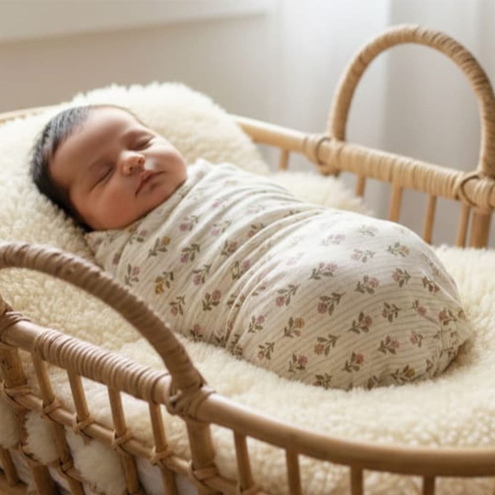 Bébé emmailloté dans le maxi lange hortense, aux motifs fleuris