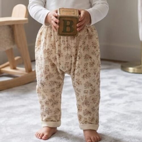 pantalon-aby pantalon aby, beige avec des motifs rouges, porté par un enfant