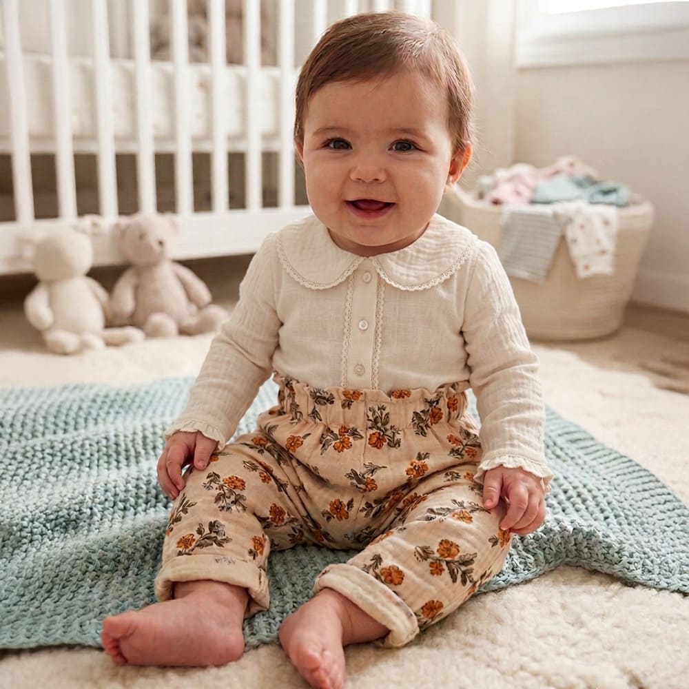 petite fille portant le pantalon Gabrielle, rose pâle à motifs de fleurs oranges