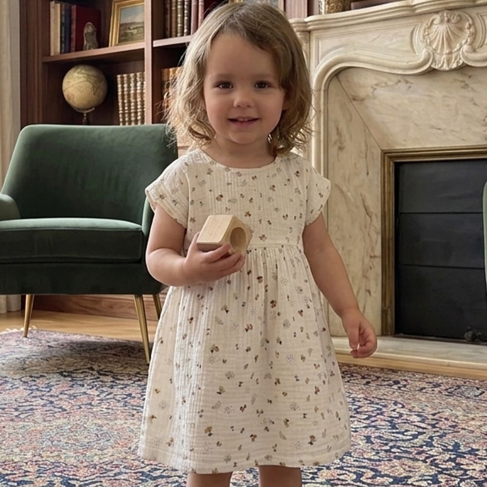 Petite fille qui porte la robe Lina, robe blanches avec des motifs pas très colorés
