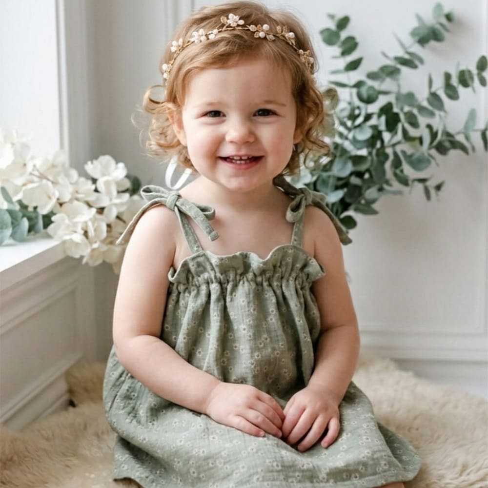 Petite fille portant la robe Maria, vert sauge à fleurs brodées