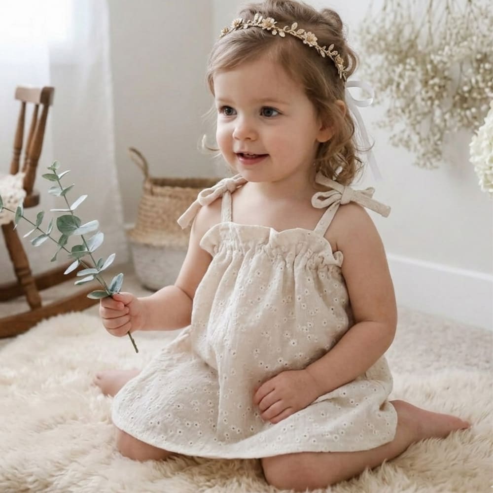 Petite fille portant la robe Mélissa, blanche à fleurs brodées