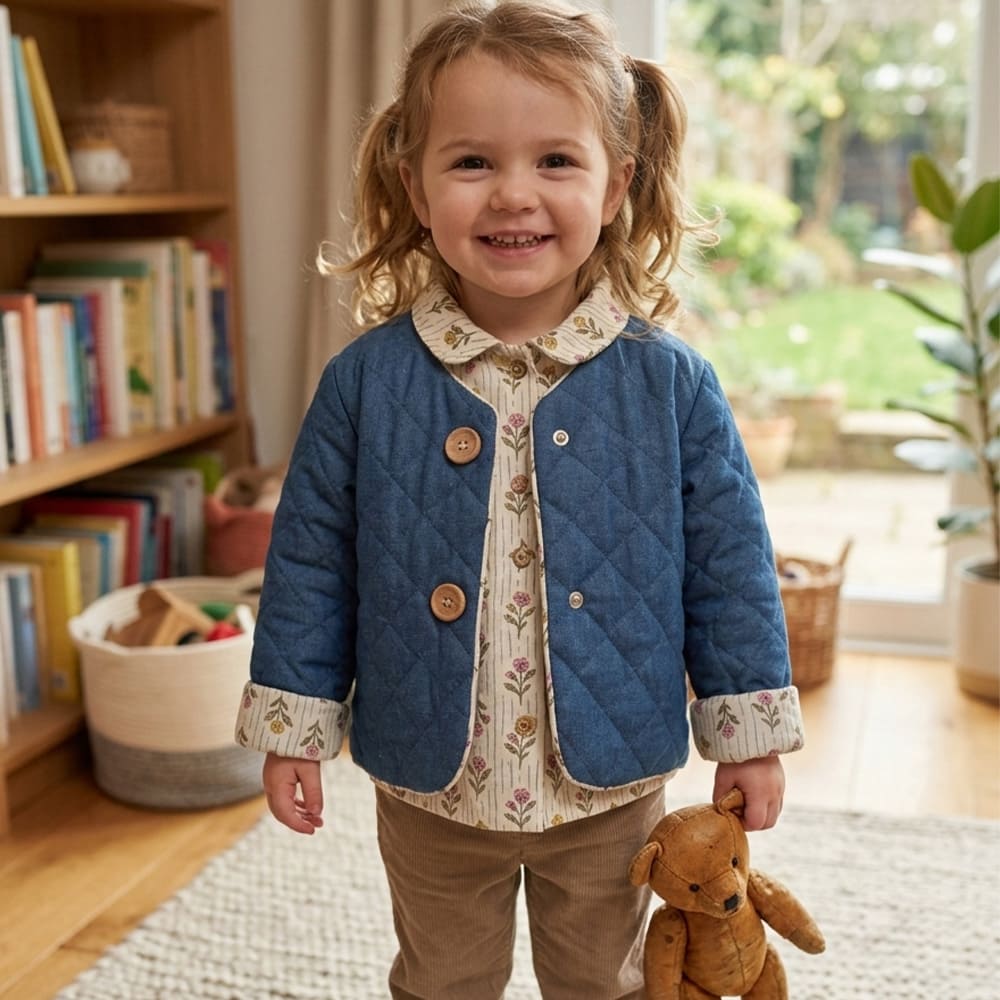 Petite fille qui porte la veste Hortense réversible, couleur jean