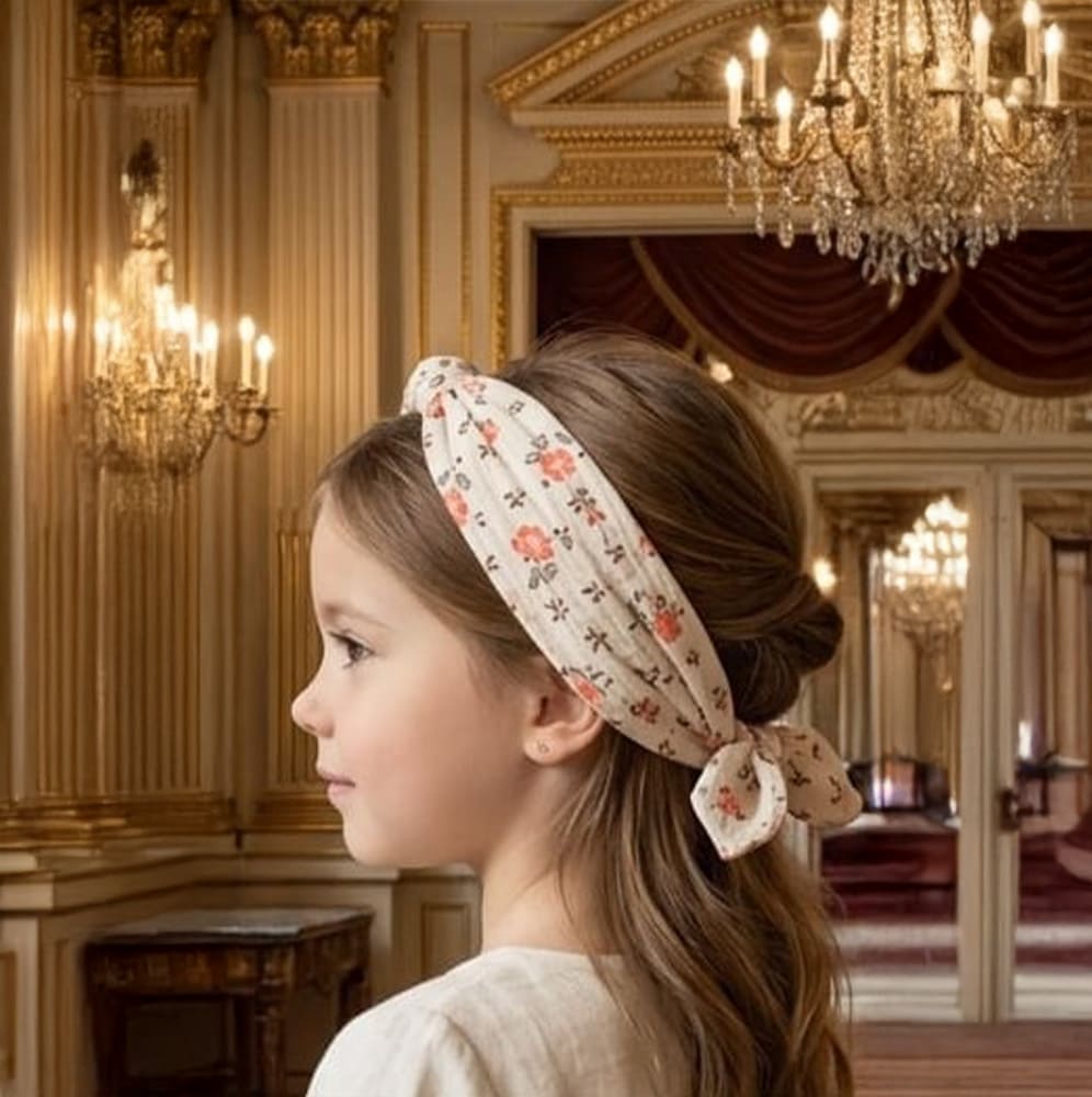 Petite fille portant le foulard Anna en bandana dans les cheveux, à fleurs roses et feuilles vertes