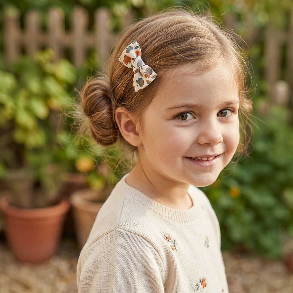Barrette Célestine dans les cheveux d'une petite fille, barrette blanches à motifs fleuris verts foncés et oranges