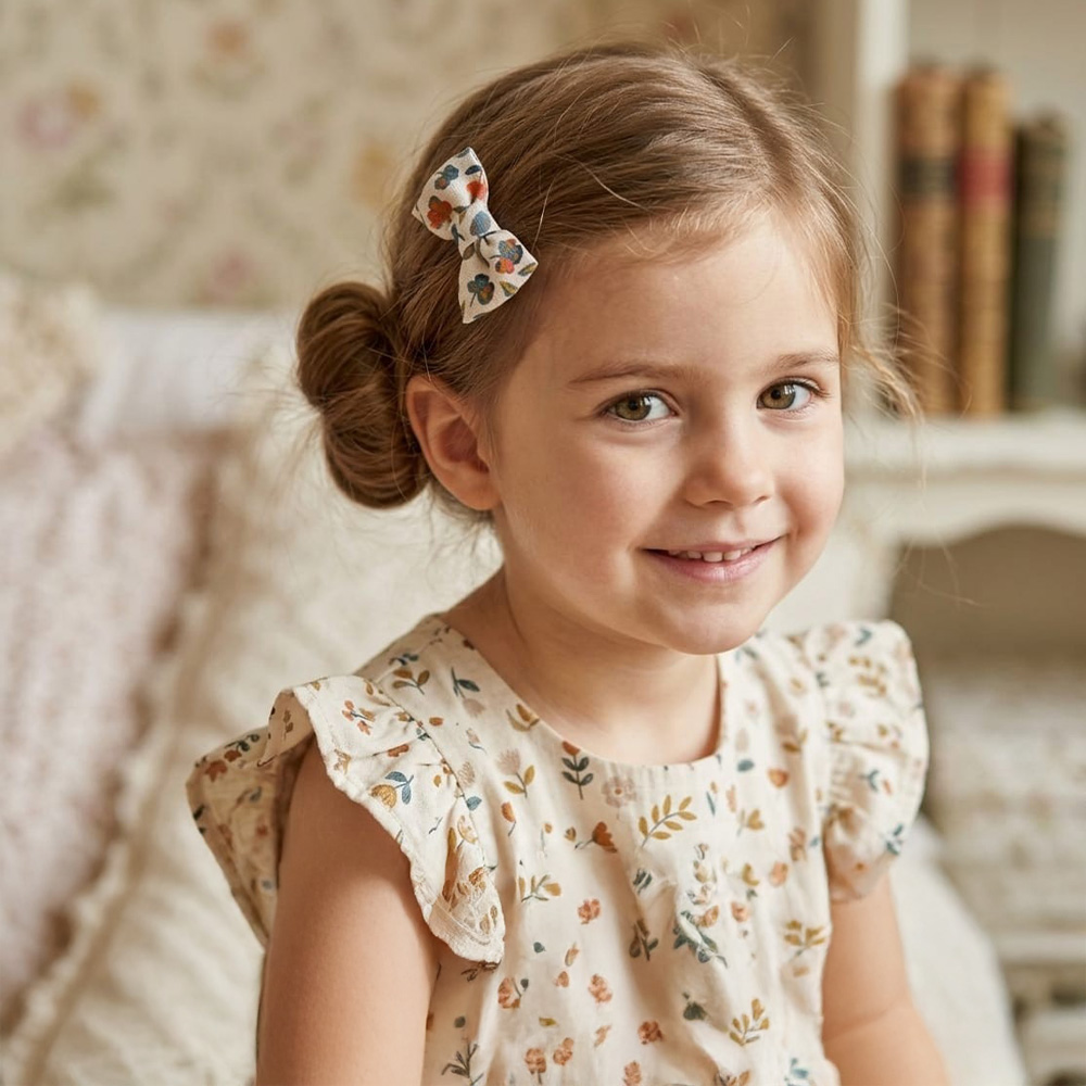 Petite fille portant la barrette Célestine, blanches avec des motifs fleuris oranges et verts foncés