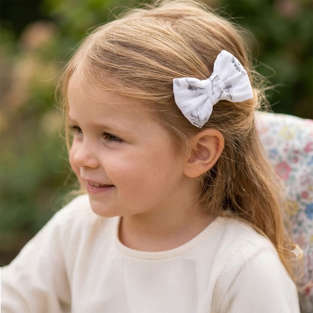 Petite fille avec la barrette Elise dans les cheveux, à motifs noirs sur fond blanc