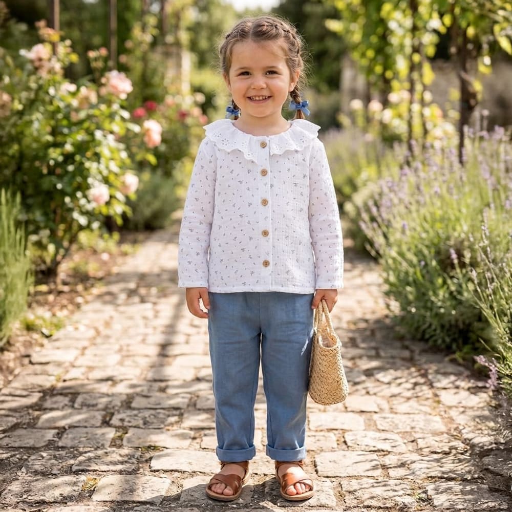 Petite fille portant la blouse Sasha, blanche à motifs gris foncés