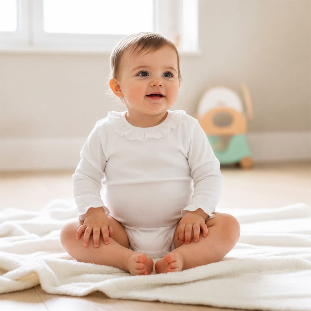 Body Eden, blanc avec son volanté à vagues, porté par un bébé