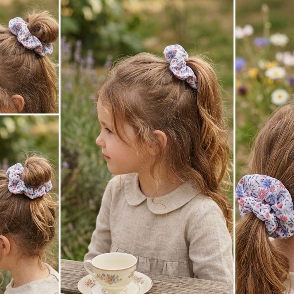 plusieurs photos de petites filles les cheveux attachés avec le chouchou emma, à motifs bleus et roses