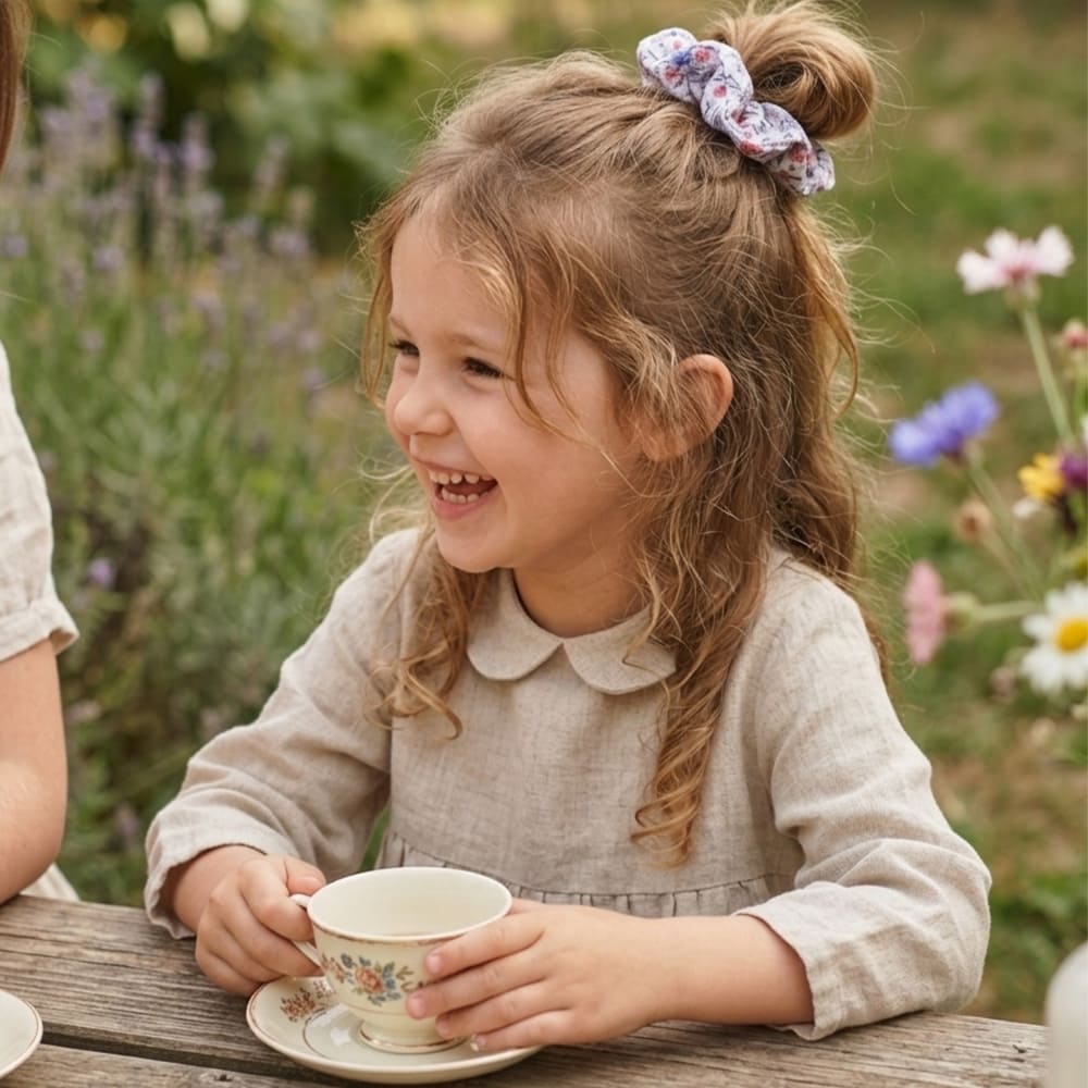 Petite fille avec le chouchou Emma dans les cheveux, à motifs fleuris bleus et roses