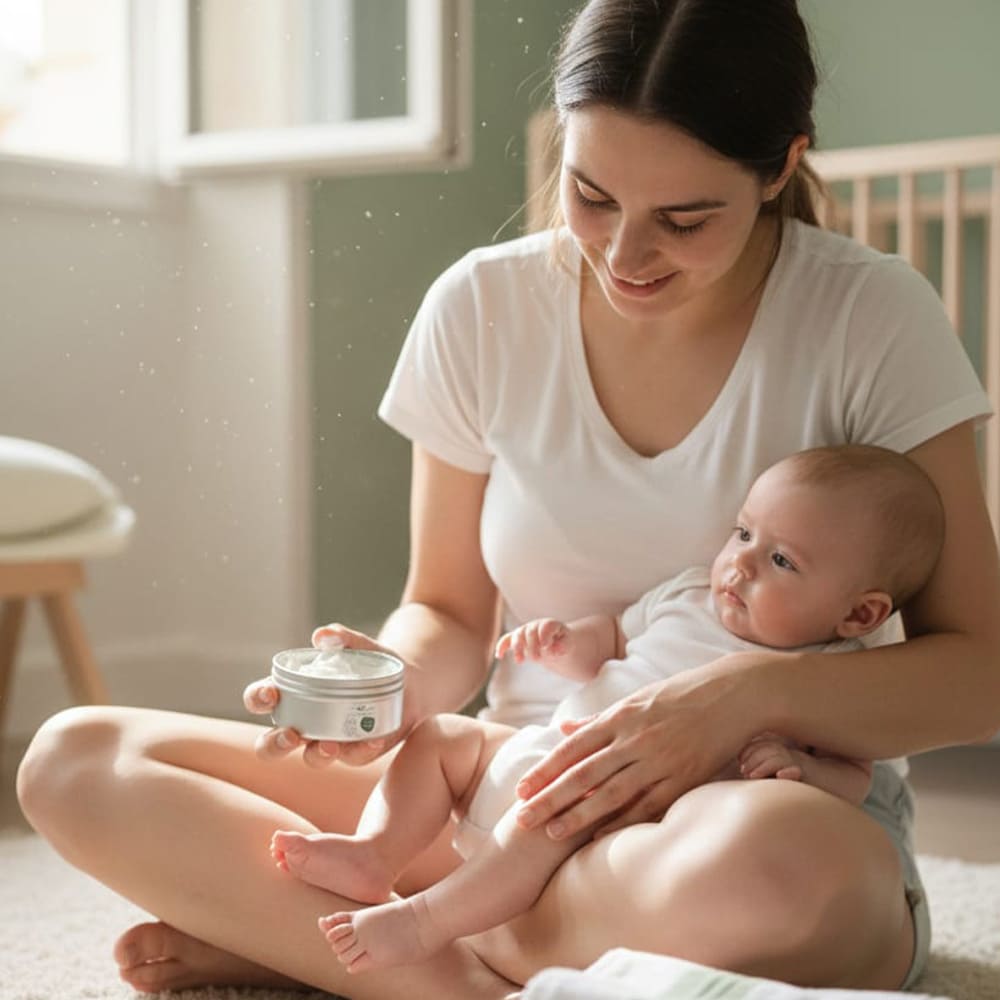 Une maman qui porte un bébé dans les bras et tient le soin crème chantilly beurre de karité et coco