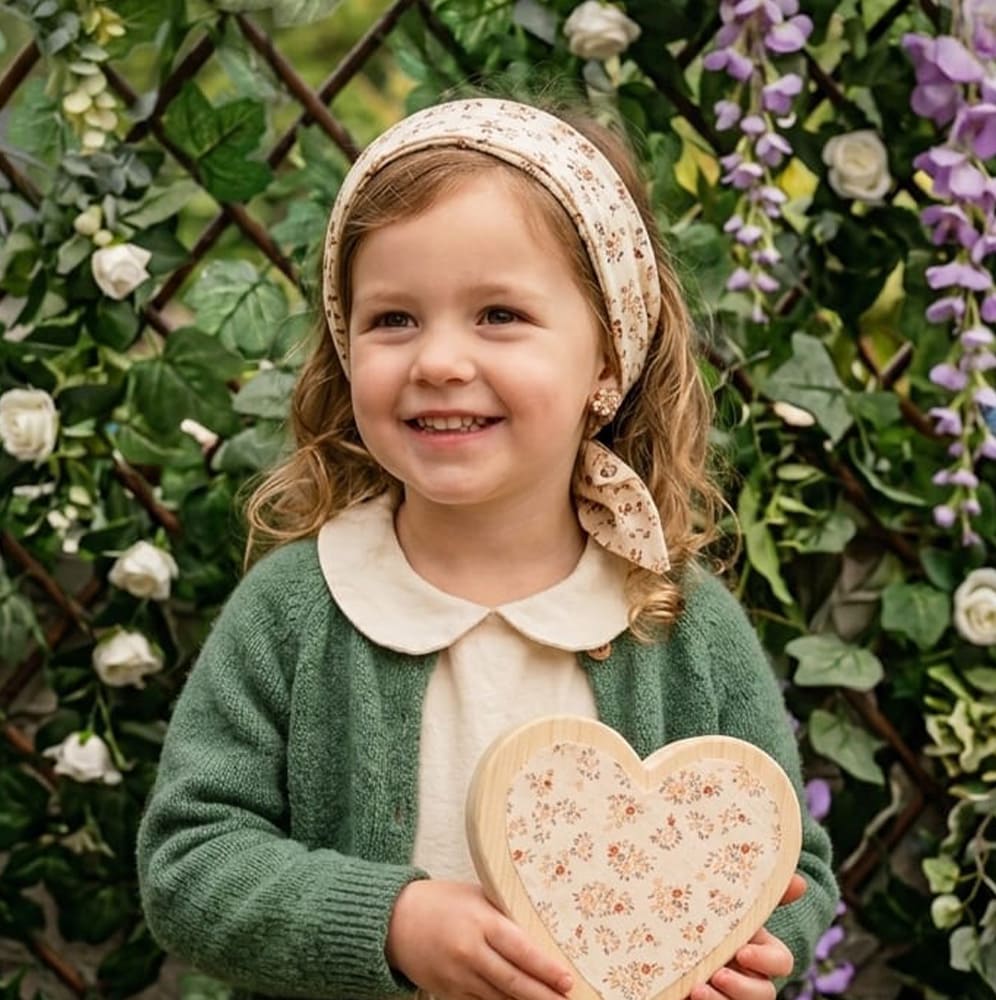 Petite fille portant le foulard aby (beige avec des motifs rouges) en bandana