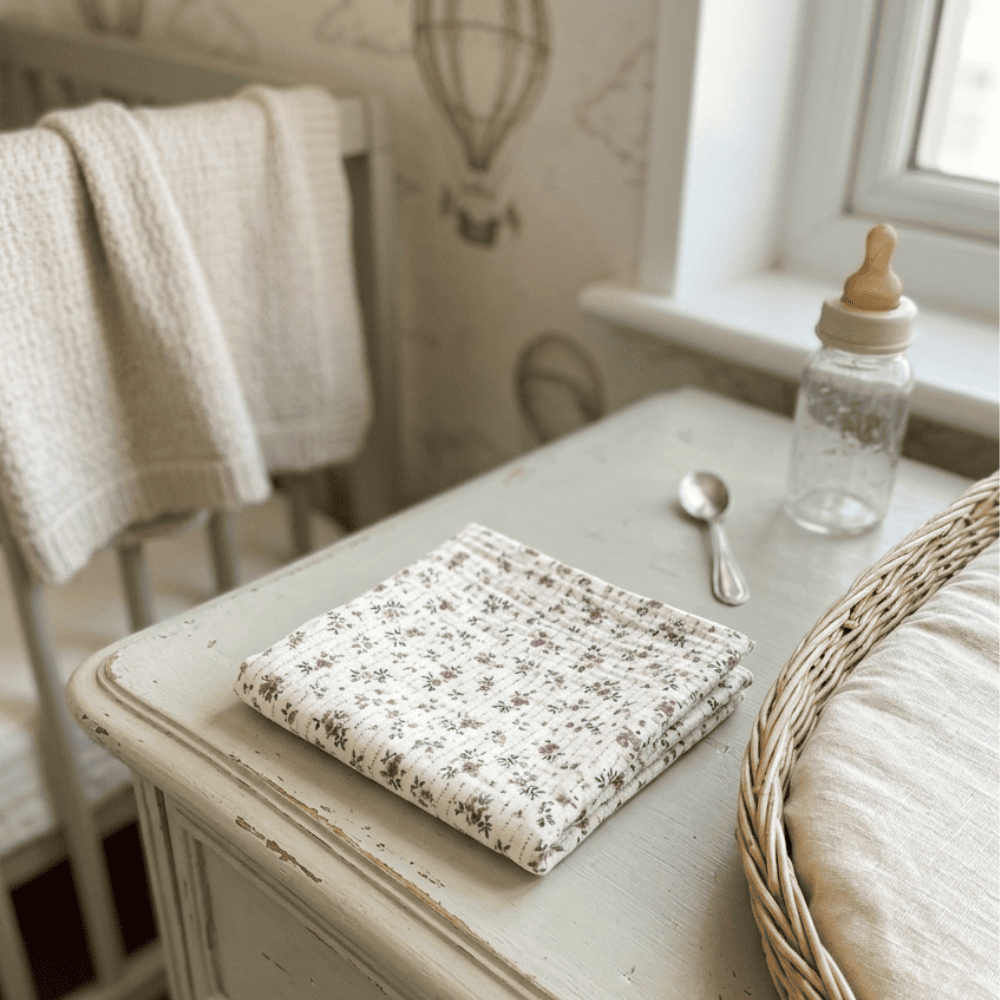 Lange bébé Alma en gaze de coton imprimé de petites fleurs champêtres, plié sur un meuble en bois vintage dans une chambre d'enfant douce | Petite citrouille