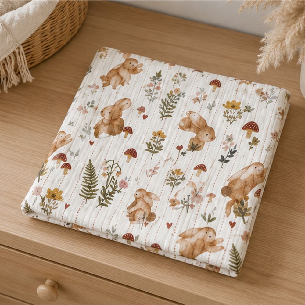 Lange Alice posé sur une commode, à motifs colorés de lapin dans la forêt
