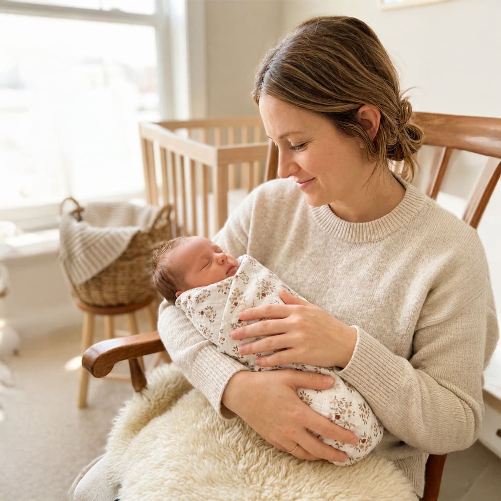 Une maman qui porte un bébé emmailloté dans le maxi lange Agathe, aux motifs fleuris gris et rouges