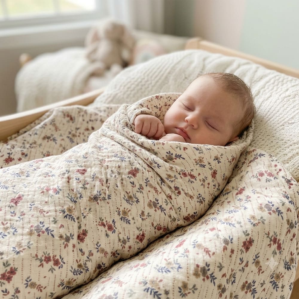 Bébé emmailloté dans le maxi lange Alma, à motifs fleuris bleus violet sur fond blanc