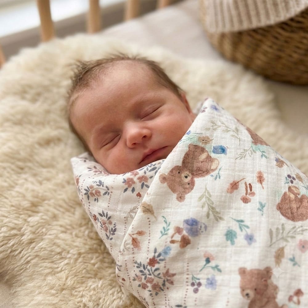 Bébé emmailloté dans le maxi lange Basile, aux motifs fleuris gris foncé roses et nounours marron